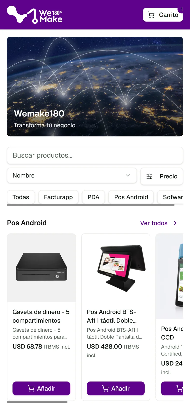 La tienda en línea de un negocio en el celular, con su logo, sus categorías y sus productos