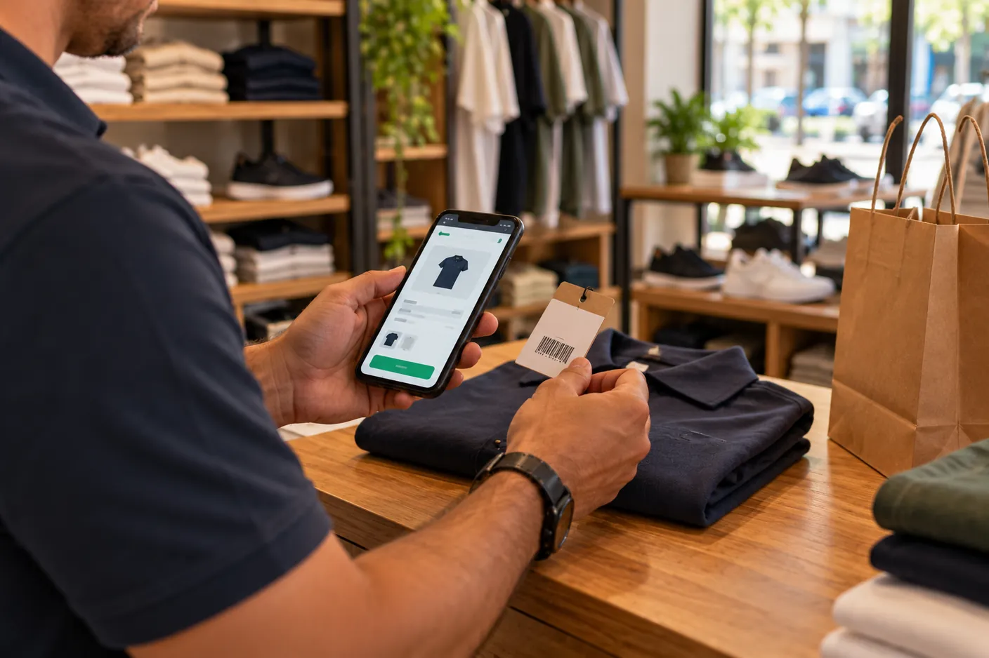 Dueño de una tienda de ropa escaneando con el celular el código de barras de una camisa