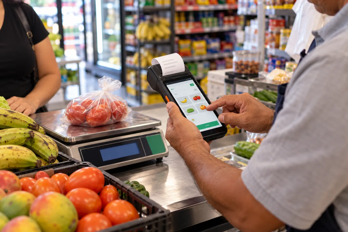 Cajero de un minisúper vendiendo tomates por peso con un POS de mano que imprime el recibo