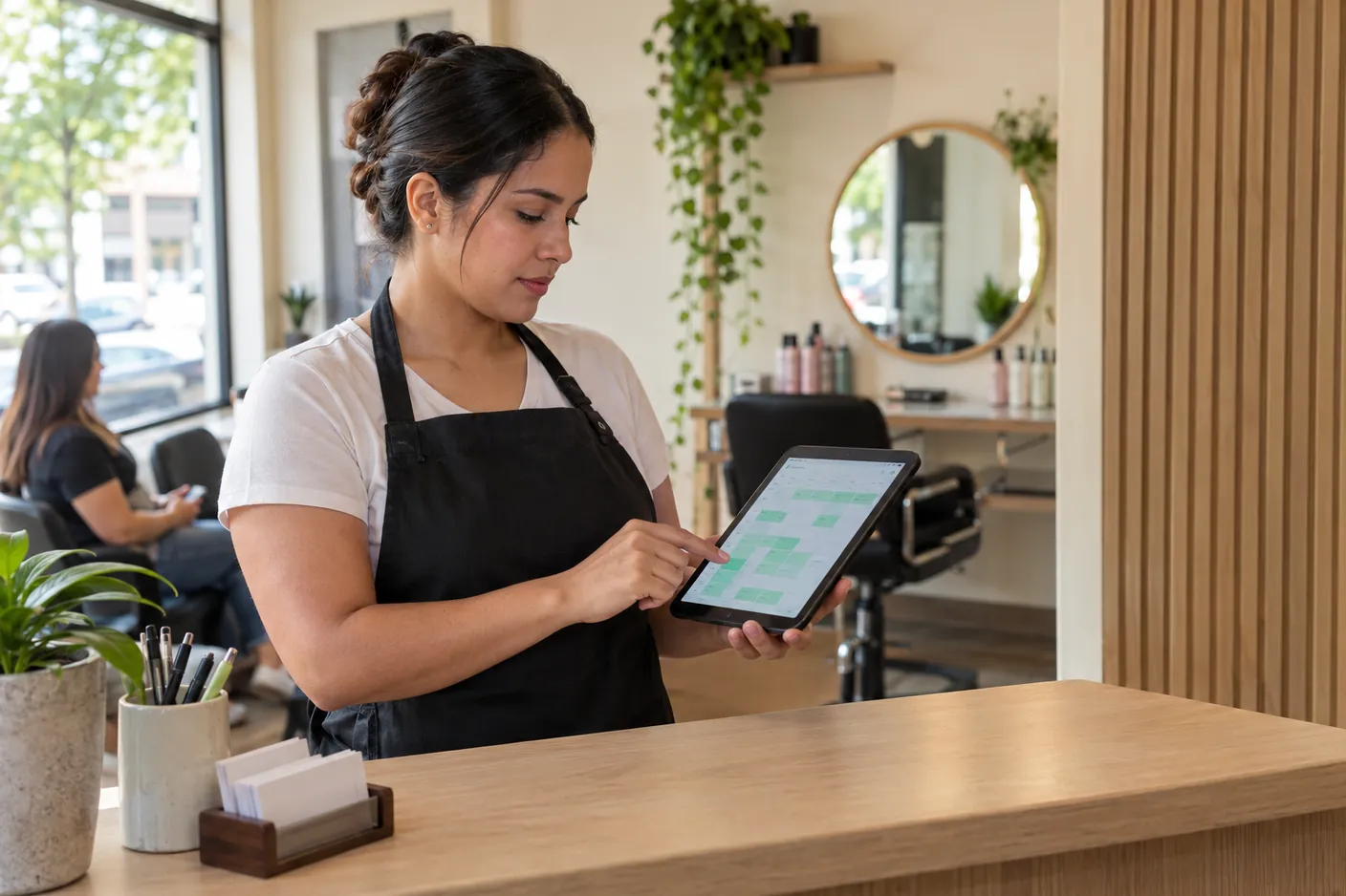 Estilista de un salón de belleza revisando la agenda de citas en una tablet en la recepción
