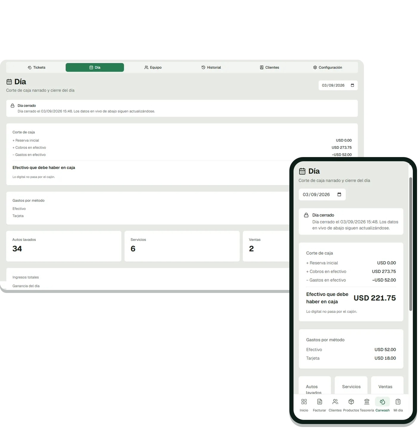 Facturapp para autolavado: el corte de caja del día en la computadora y en el celular